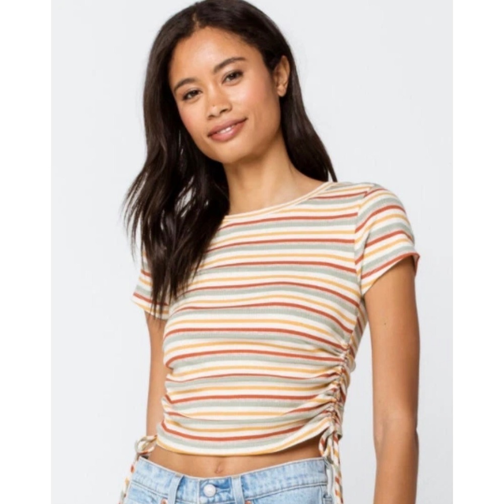 Sky and Sparrow Women's Large Striped Ruched Side Tie Top